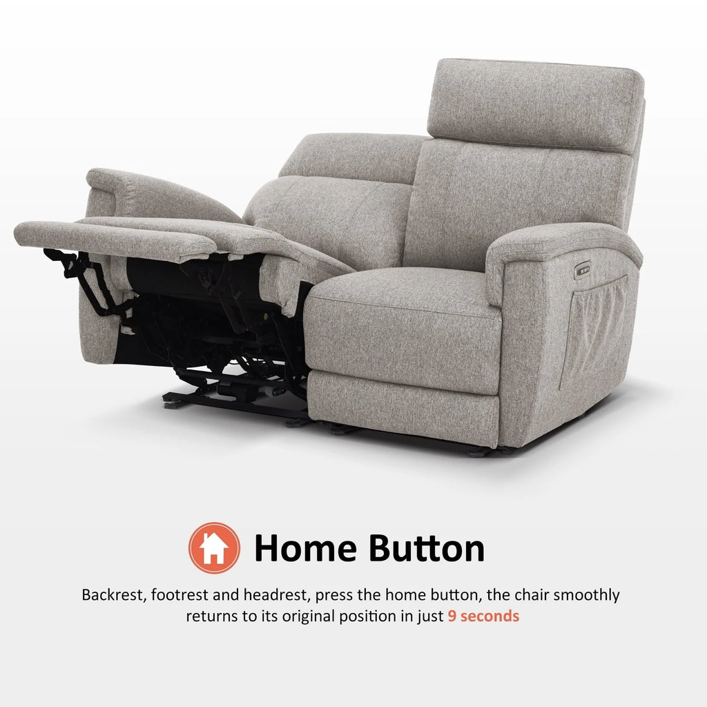Canapé inclinable électrique biplace MCombo 60.2 avec massage et double chauffage, appuie-tête réglable, ports USB et USB-C, en tissu