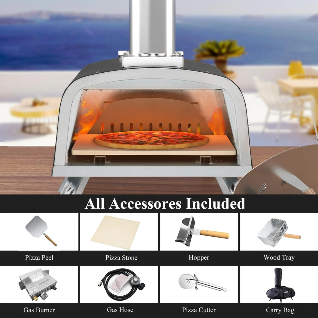 Four à pizza d'extérieur multi-combustibles avec brûleur à gaz et boîte à bois - 30 cm