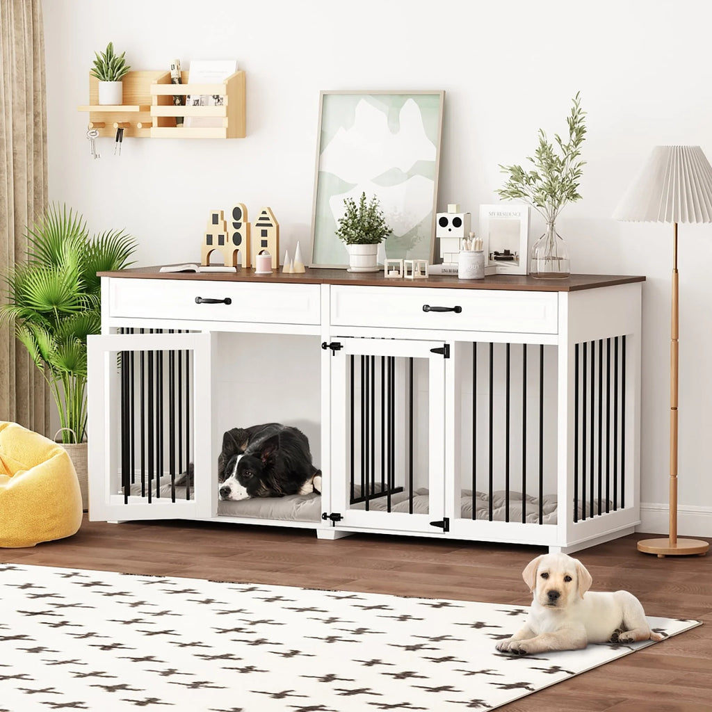Meuble Niche Double pour Chiens en Bois avec 2 Tiroirs et Séparateur