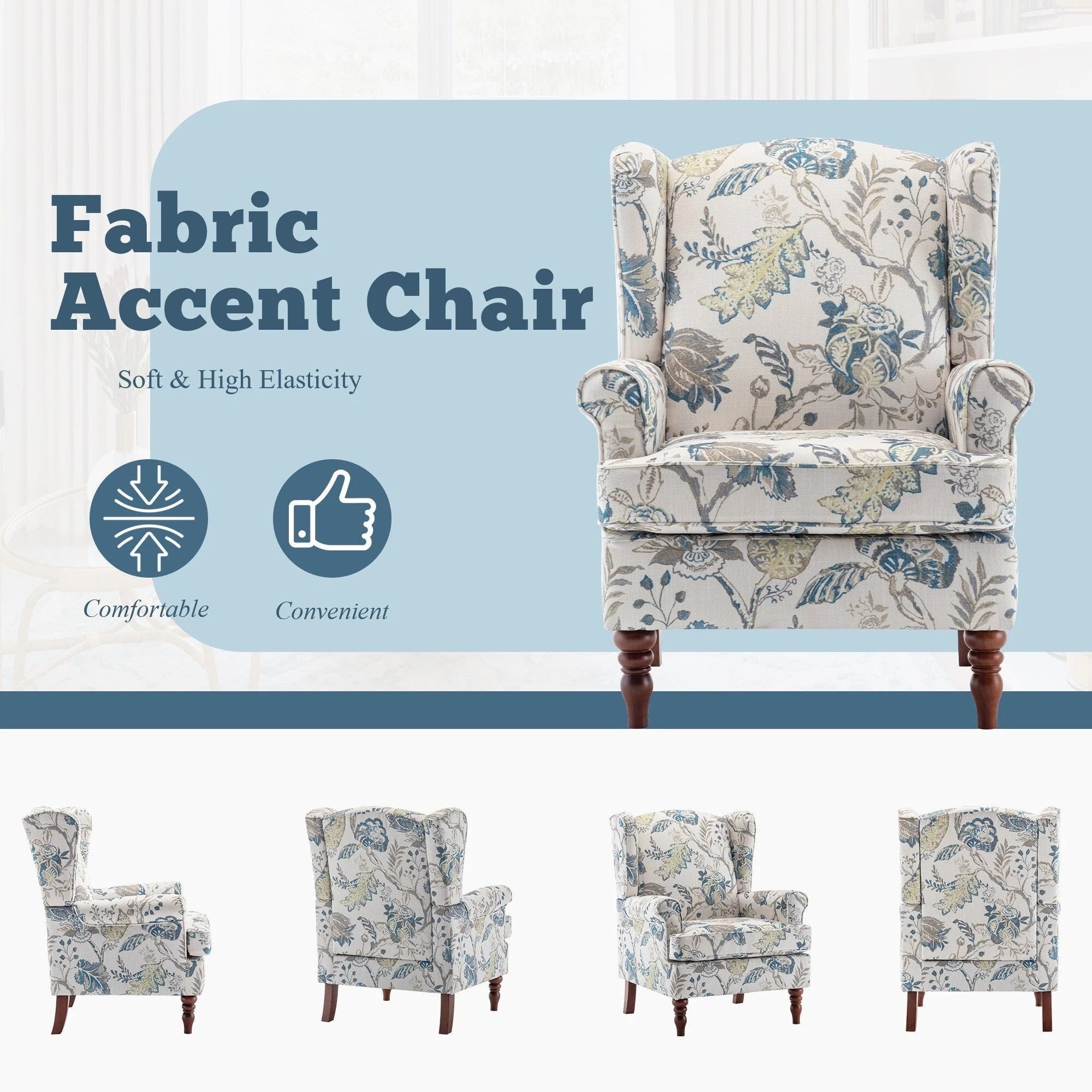 Fauteuil d'appoint moderne Erommy, fauteuil à dossier haut, canapé individuel en tissu capitonné avec pieds en bois pour salon
