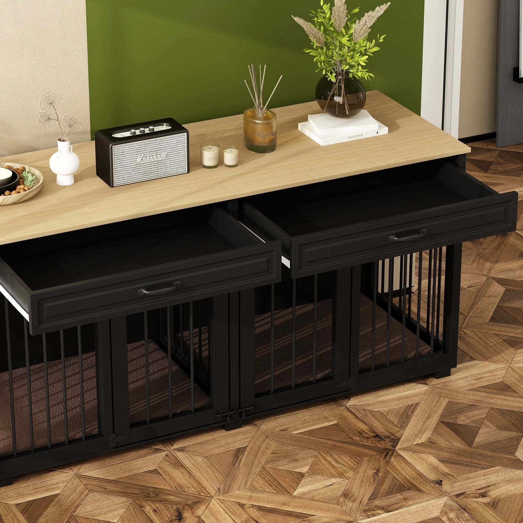 Meuble Niche Double pour Chiens en Bois avec 2 Tiroirs et Séparateur