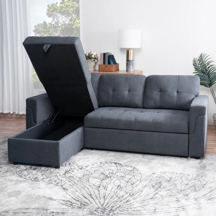 Canapé d'angle réversible convertible avec lit gigogne, méridienne avec rangement dissimulé et pieds durables