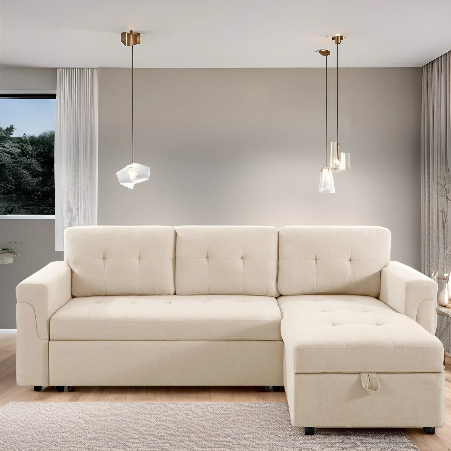 Canapé d'angle réversible convertible avec lit gigogne, méridienne avec rangement dissimulé et pieds durables
