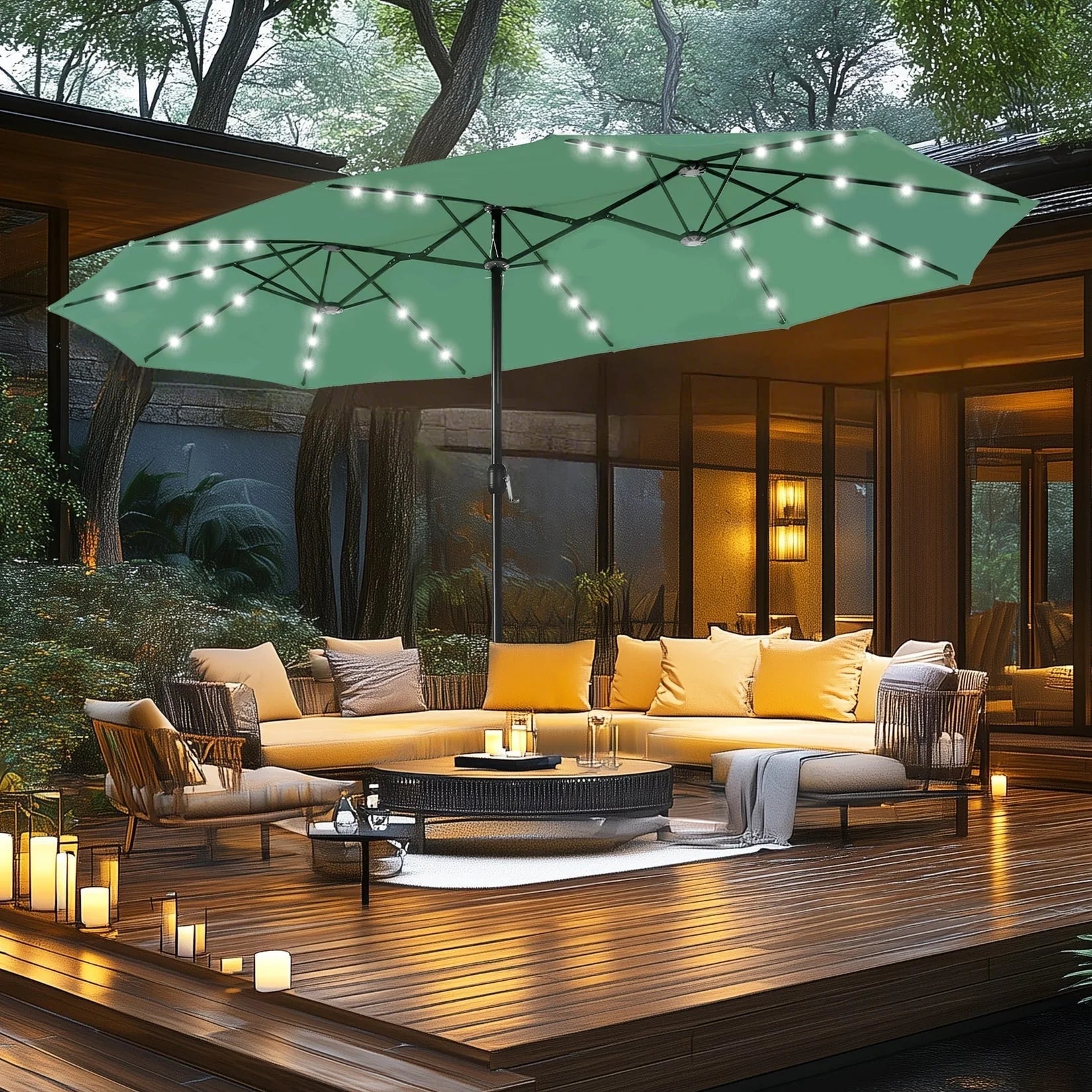 MAISON ARTS Parasol de marché extérieur rectangulaire de 4,5 m avec manivelle, double face, lumières LED solaires et base incluse