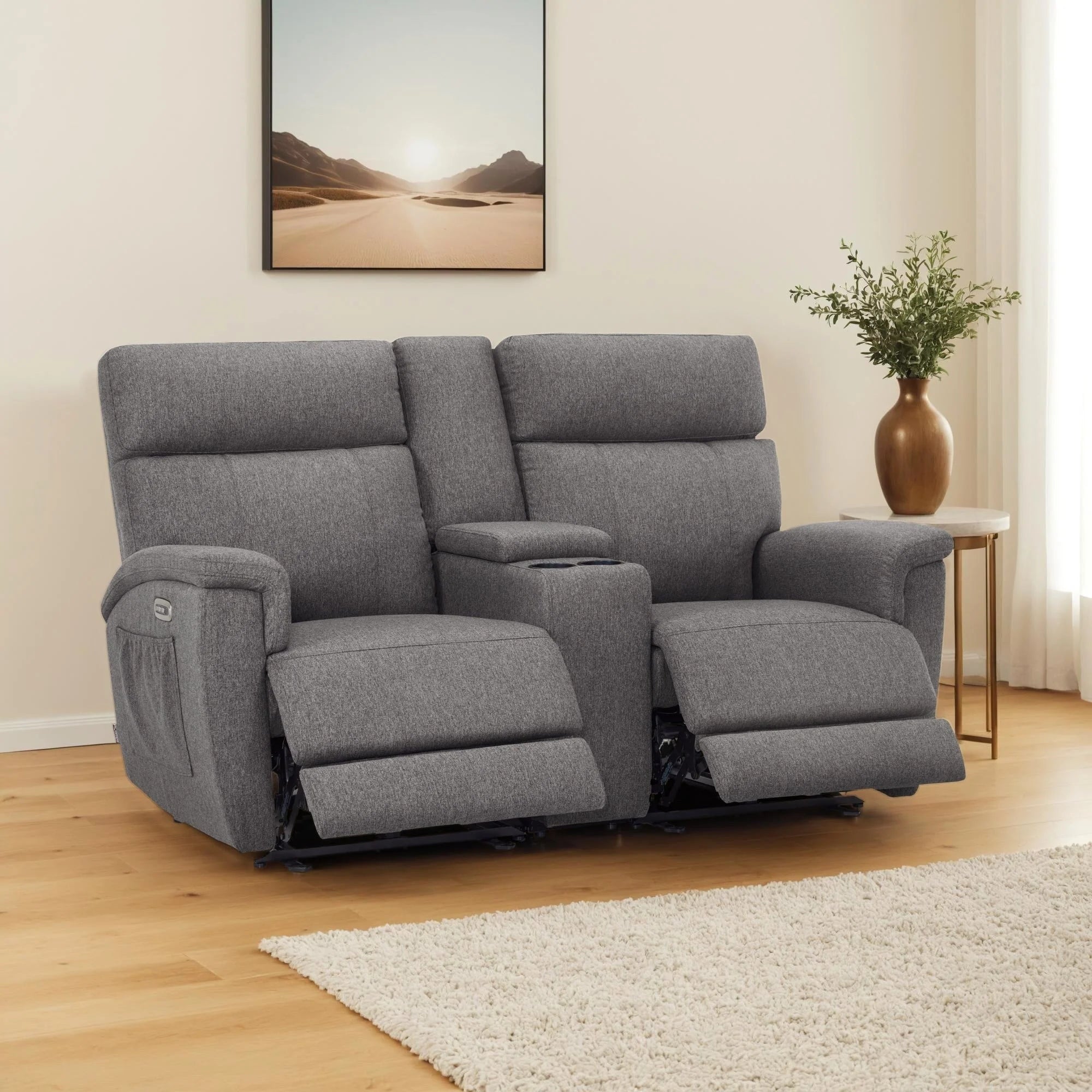 Canapé inclinable électrique biplace MCombo 60.2 avec massage et double chauffage, appuie-tête réglable, ports USB et USB-C, en tissu