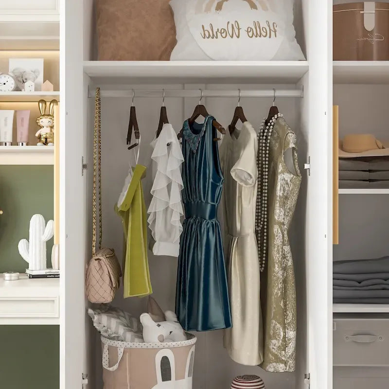 Armoire Penderie en Bois avec 6 Cubes de Rangement et Tringle Suspendue