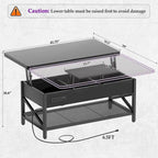 Table basse moderne noire extensible à plateau relevable convertible en table de salle à manger avec lumière LED et prise de courant