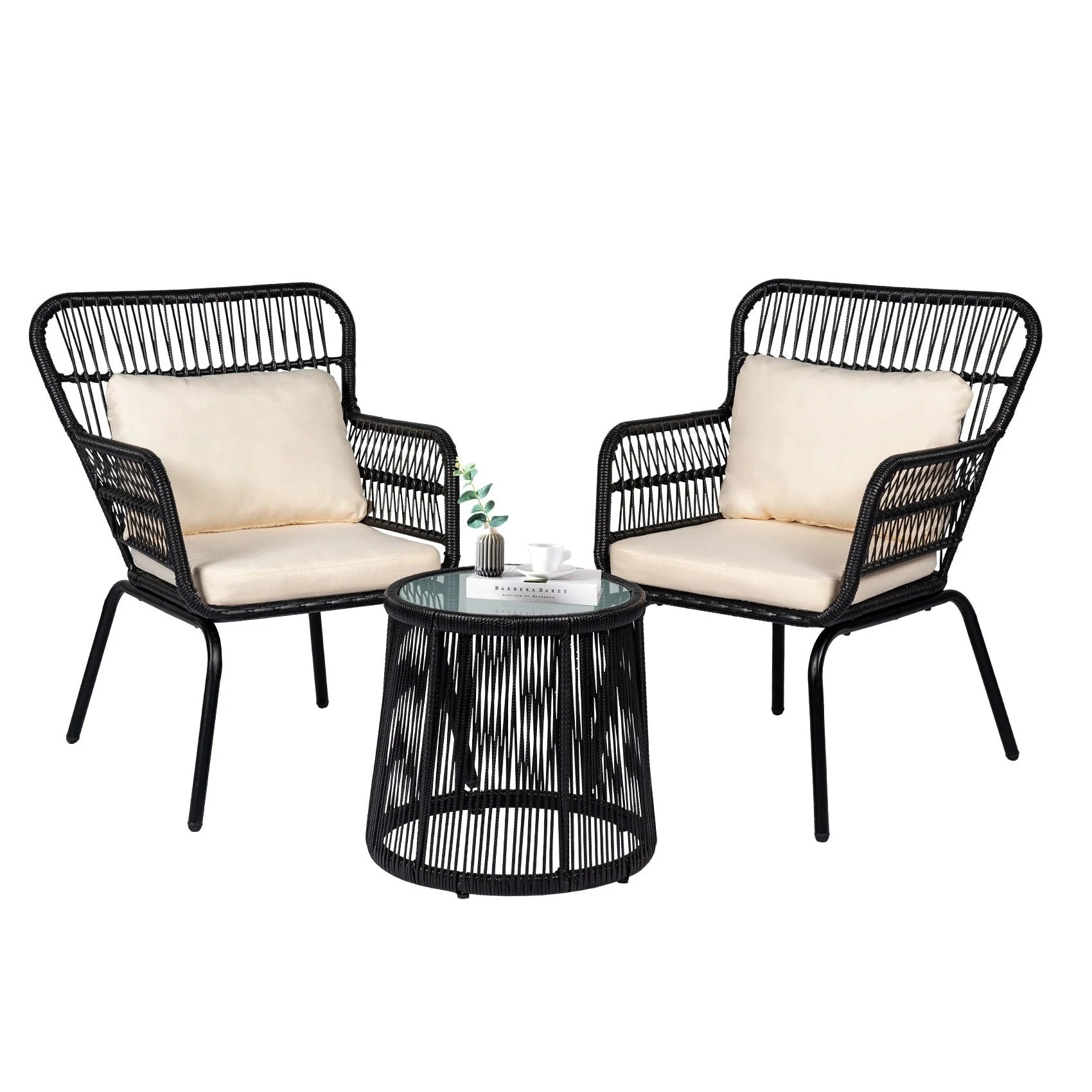 Ensemble bistrot 3 pièces d'extérieur en osier, meubles de terrasse en rotin résistant aux intempéries avec coussins
