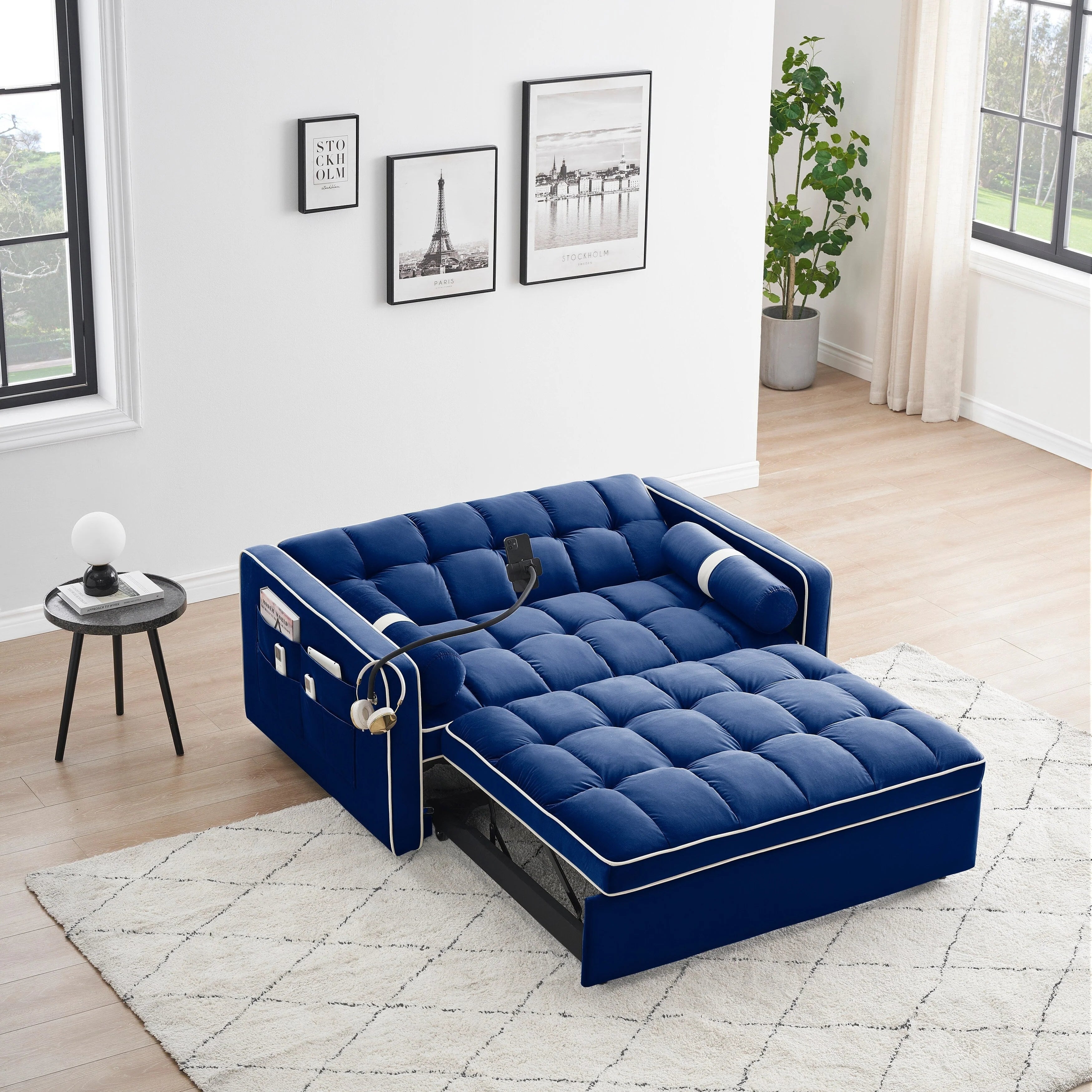 Canapé convertible 2 places en velours 55 avec lit gigogne, dossier inclinable, poches latérales et support de téléphone