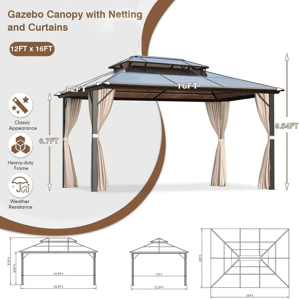Tonnelle EROMMY à toit rigide, pergola extérieure avec double toit, moustiquaire et rideaux, auvent robuste pour patio, jardin, fête au bord de la piscine