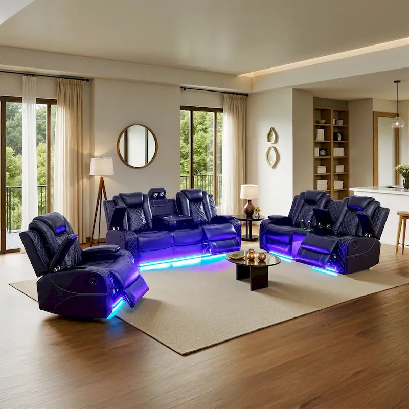 Ensemble canapé inclinable 3 places moderne en cuir avec LED et recharge sans fil
