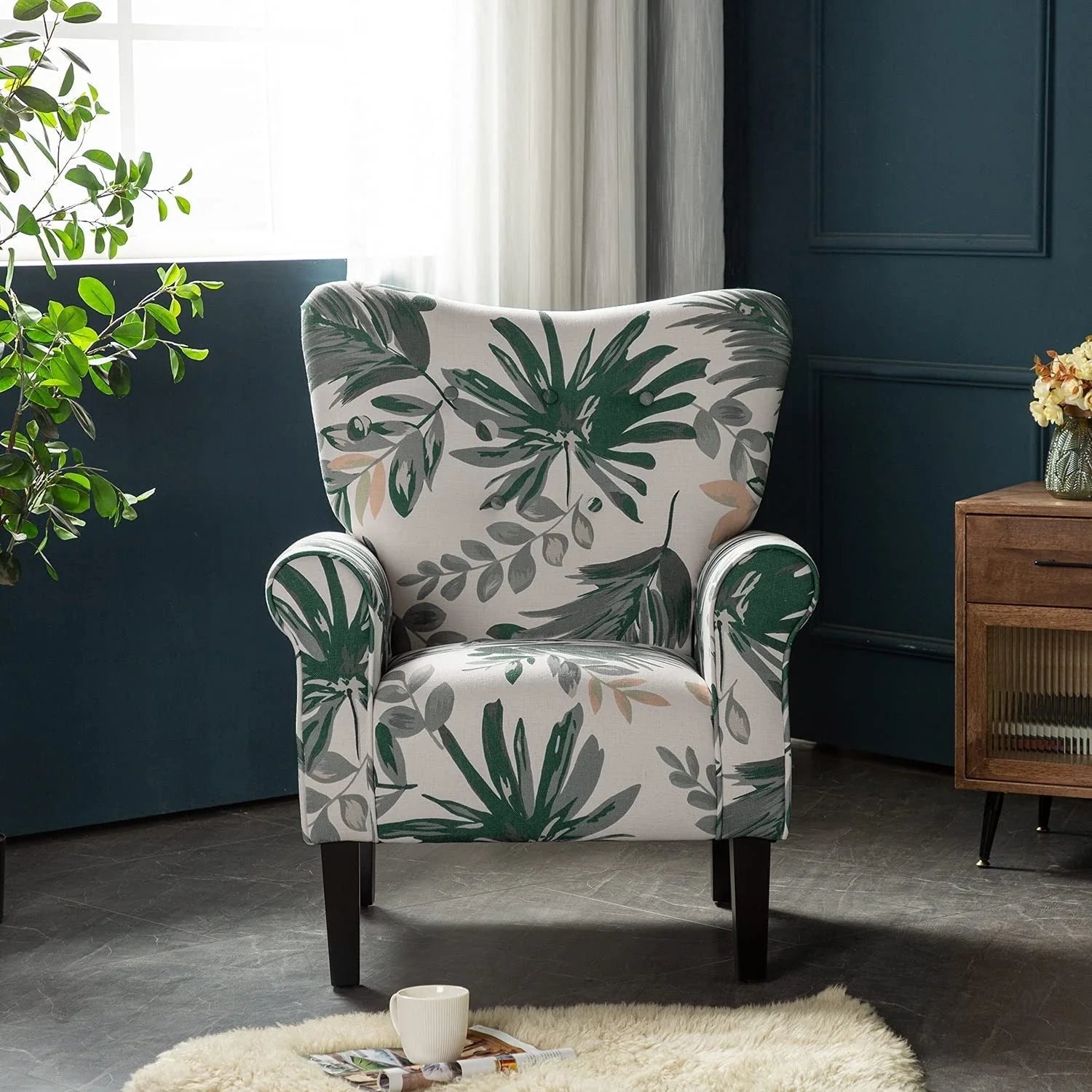 Fauteuil d'appoint moderne Erommy, fauteuil à dossier haut, canapé individuel en tissu capitonné avec pieds en bois pour salon