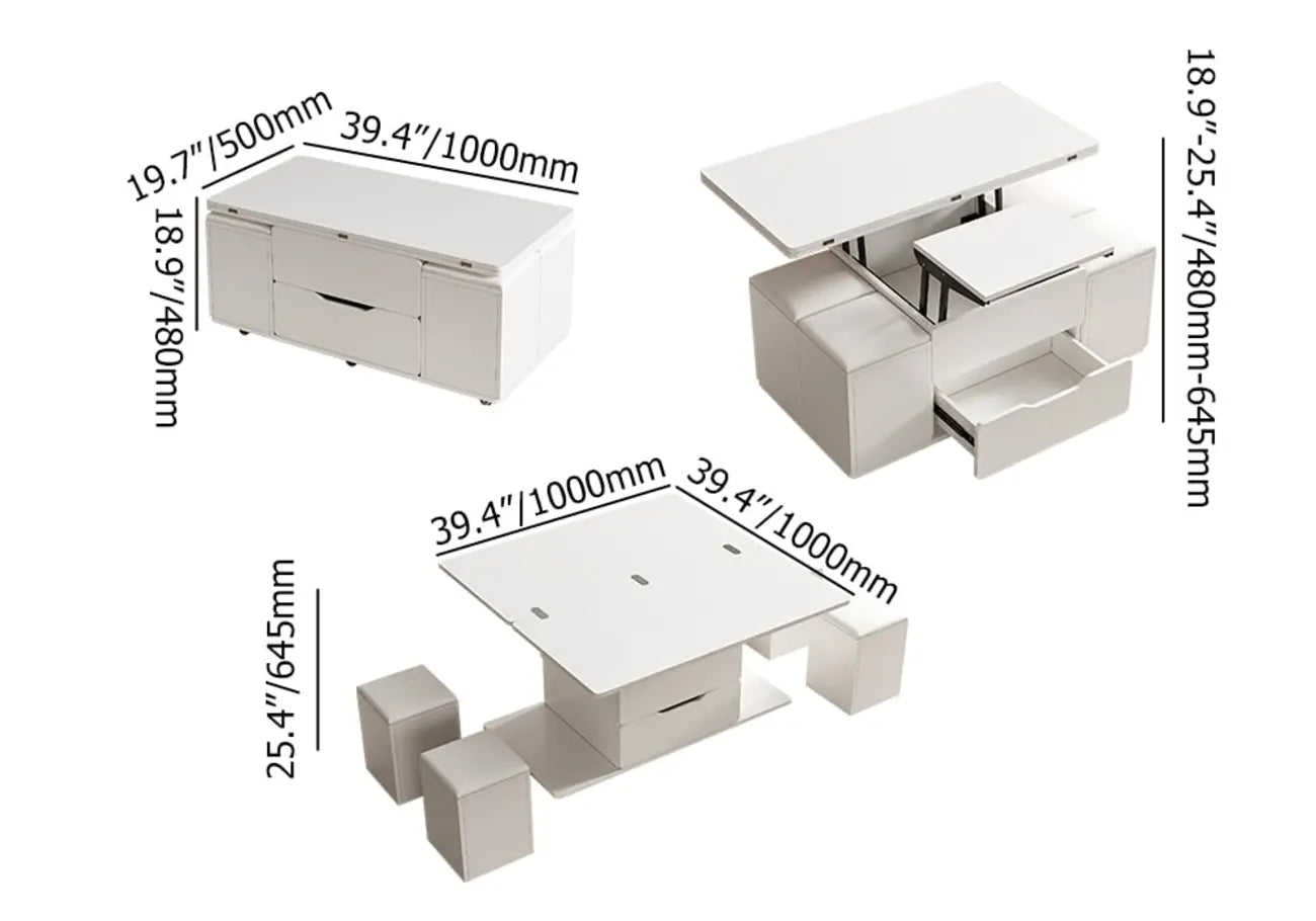 Table basse relevable et pliable avec 4 tabourets et rangement