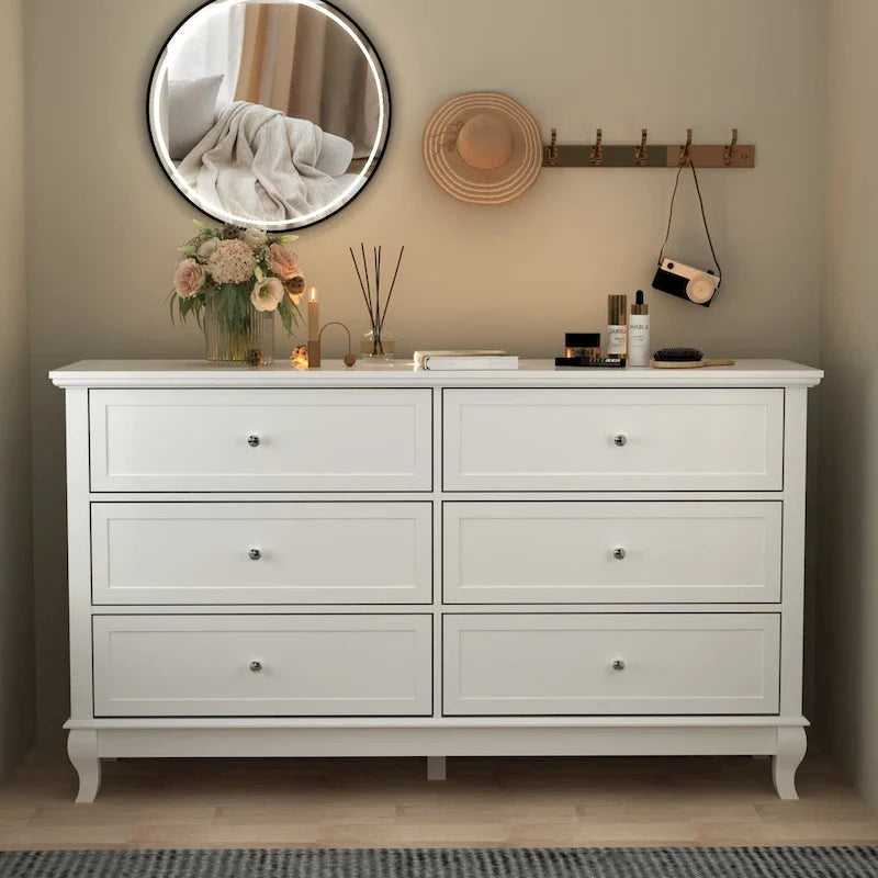 Commode de chambre à coucher avec tiroirs profonds en bois, commode double à 6 tiroirs