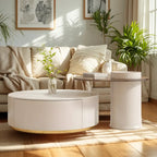 Table basse ronde moderne blanche avec tiroir en bois