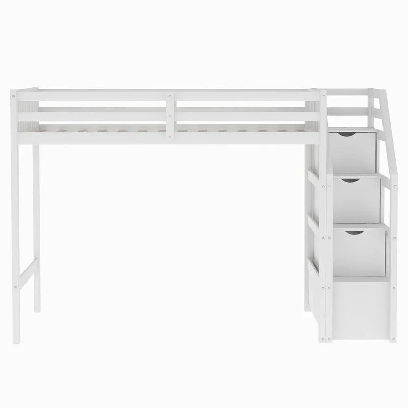 Lit mezzanine en bois double sur grand avec escalier, balustrades hautes et échelle