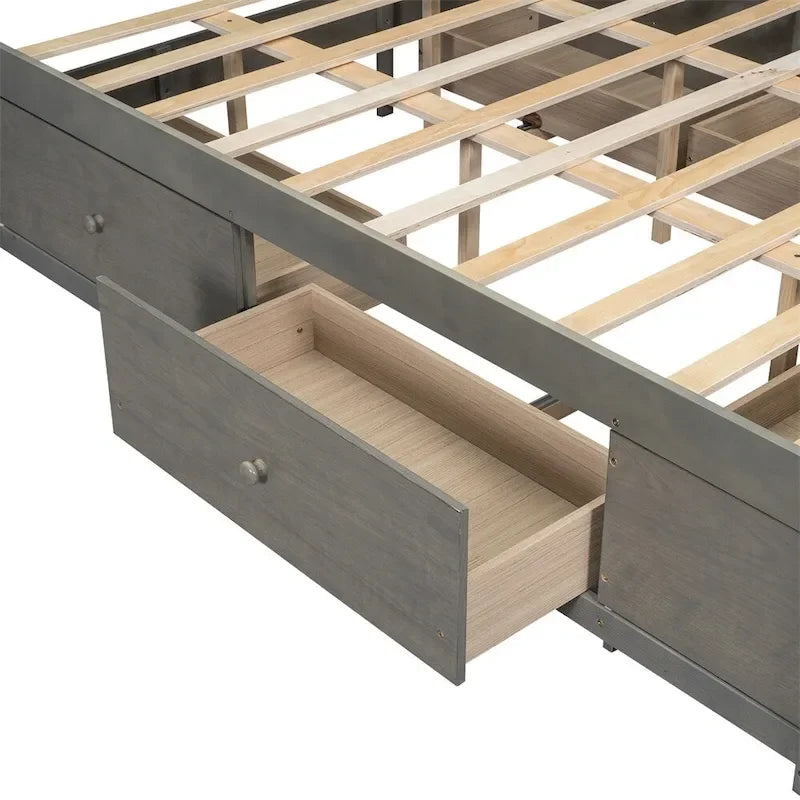 Lit plate-forme King Size avec tête de lit de rangement et 8 tiroirs