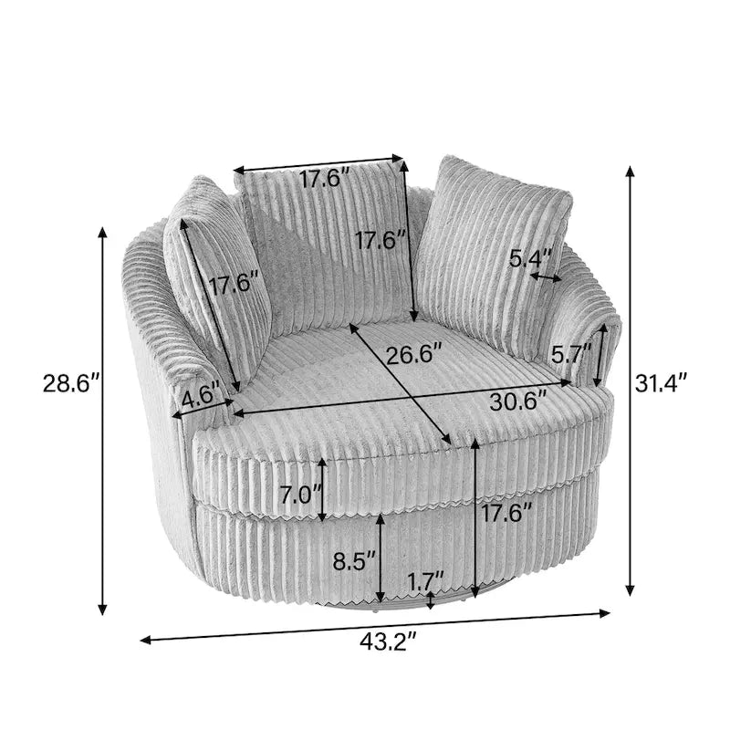 Lot de 2 fauteuils pivotants ronds surdimensionnés en velours côtelé moelleux de 43 po avec oreillers