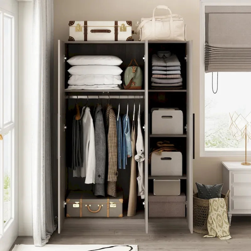 Armoire Penderie en Bois avec 6 Cubes de Rangement et Tringle Suspendue