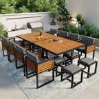 Ensemble de salle à manger de patio en bois d'acacia de 18 pièces, 8 chaises coussinées et 8 poufs et 2 tables carrées