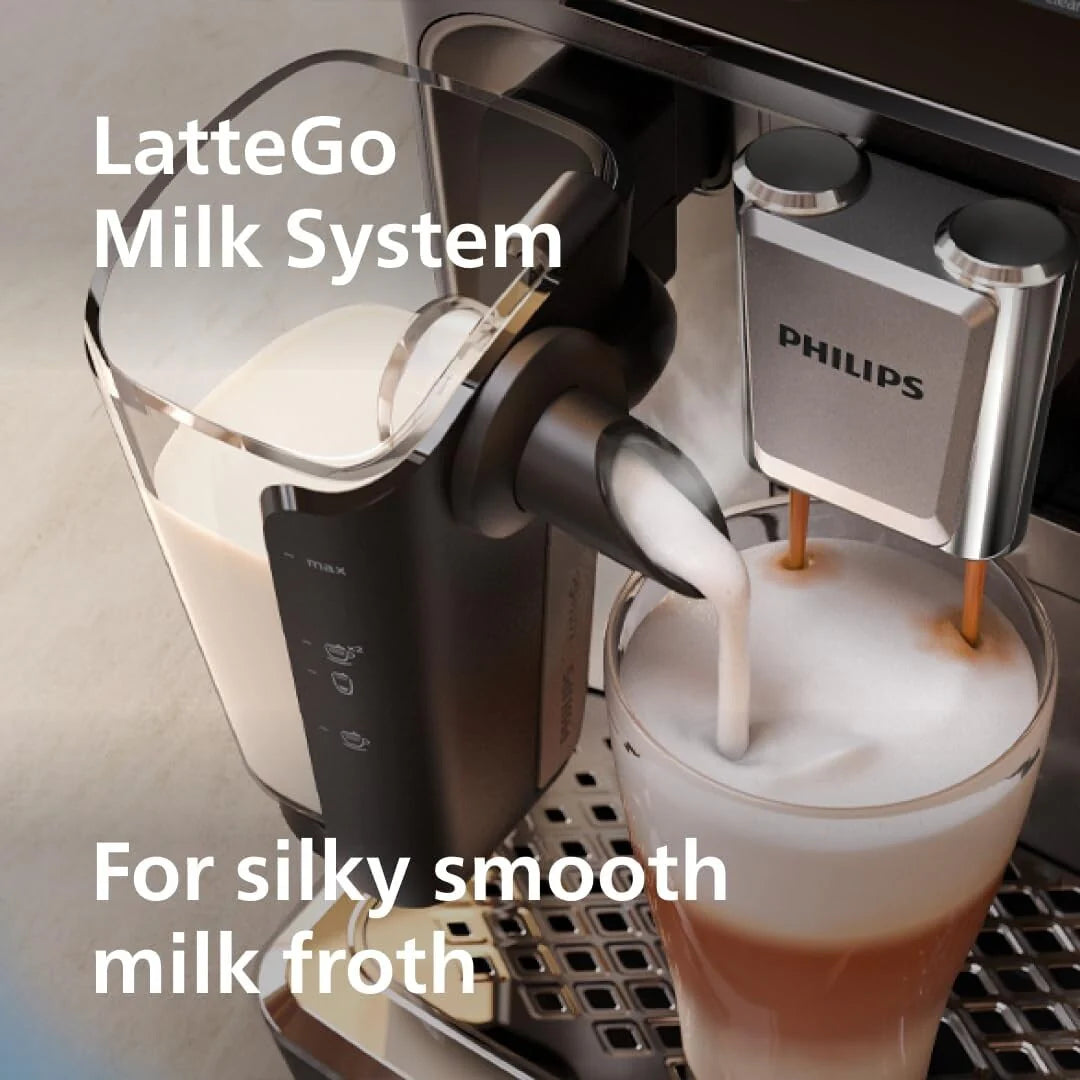 Machine à expresso haut de gamme, 12 cafés chauds/glacés, système LatteGo, moulin en céramique, chrome noir