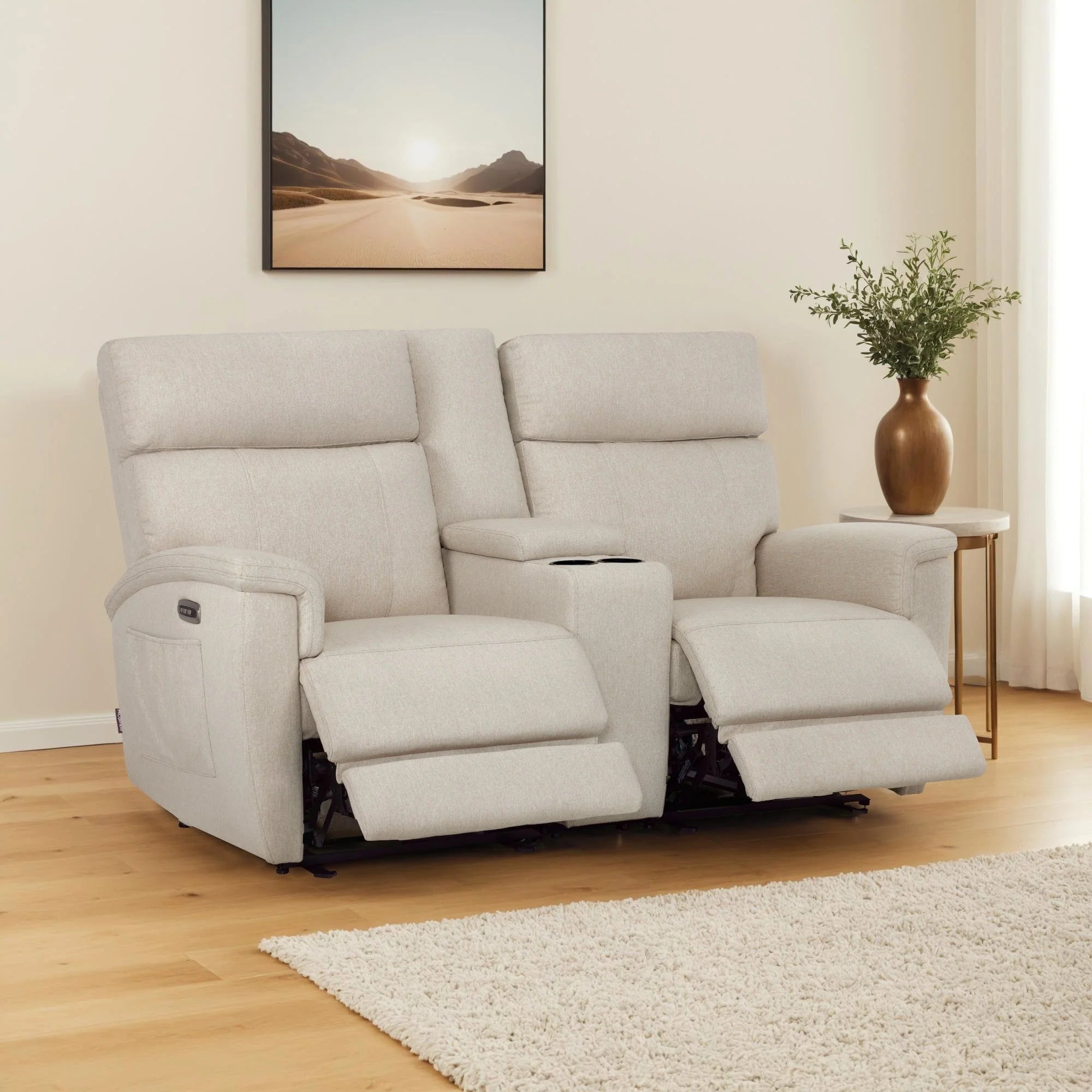Canapé inclinable électrique biplace MCombo 60.2 avec massage et double chauffage, appuie-tête réglable, ports USB et USB-C, en tissu