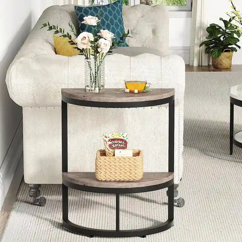 Table d'appoint demi-ronde, table d'appoint étroite en C mince avec cadre en métal