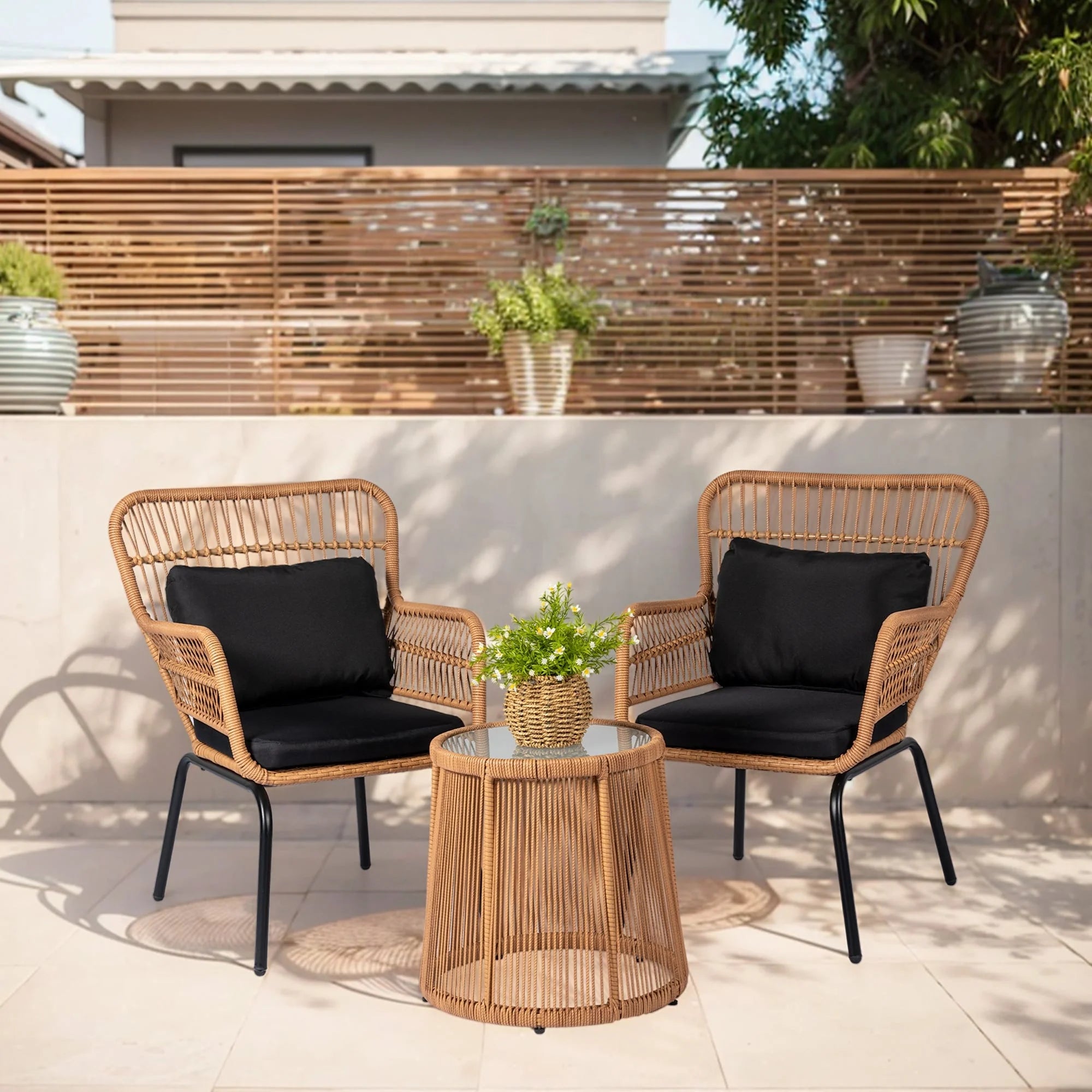 Ensemble bistrot 3 pièces d'extérieur en osier, meubles de terrasse en rotin résistant aux intempéries avec coussins