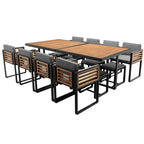 Ensemble de salle à manger de patio en bois d'acacia de 18 pièces, 8 chaises coussinées et 8 poufs et 2 tables carrées