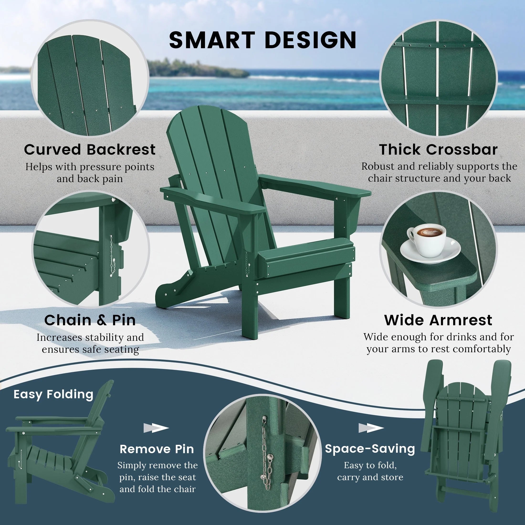 Chaise Adirondack pliante de patio d'extérieur tout temps résistante à la décoloration Polytrends Laguna