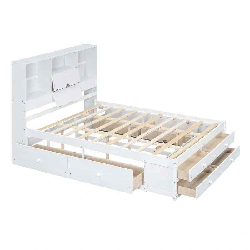Lit plate-forme King Size avec tête de lit de rangement et 8 tiroirs