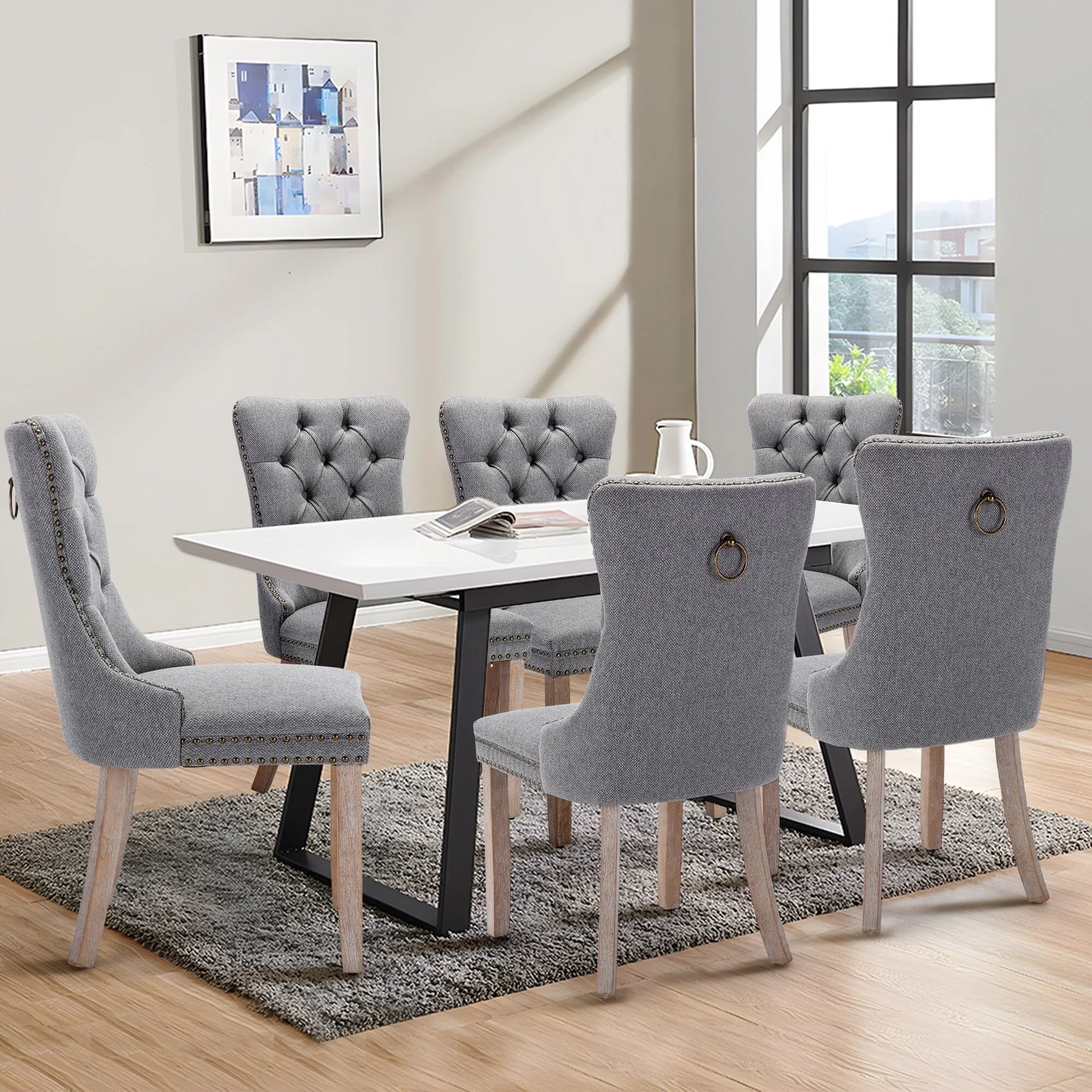 Chaise de salle à manger capitonnée en velours avec pieds en bois massif, lot de 6
