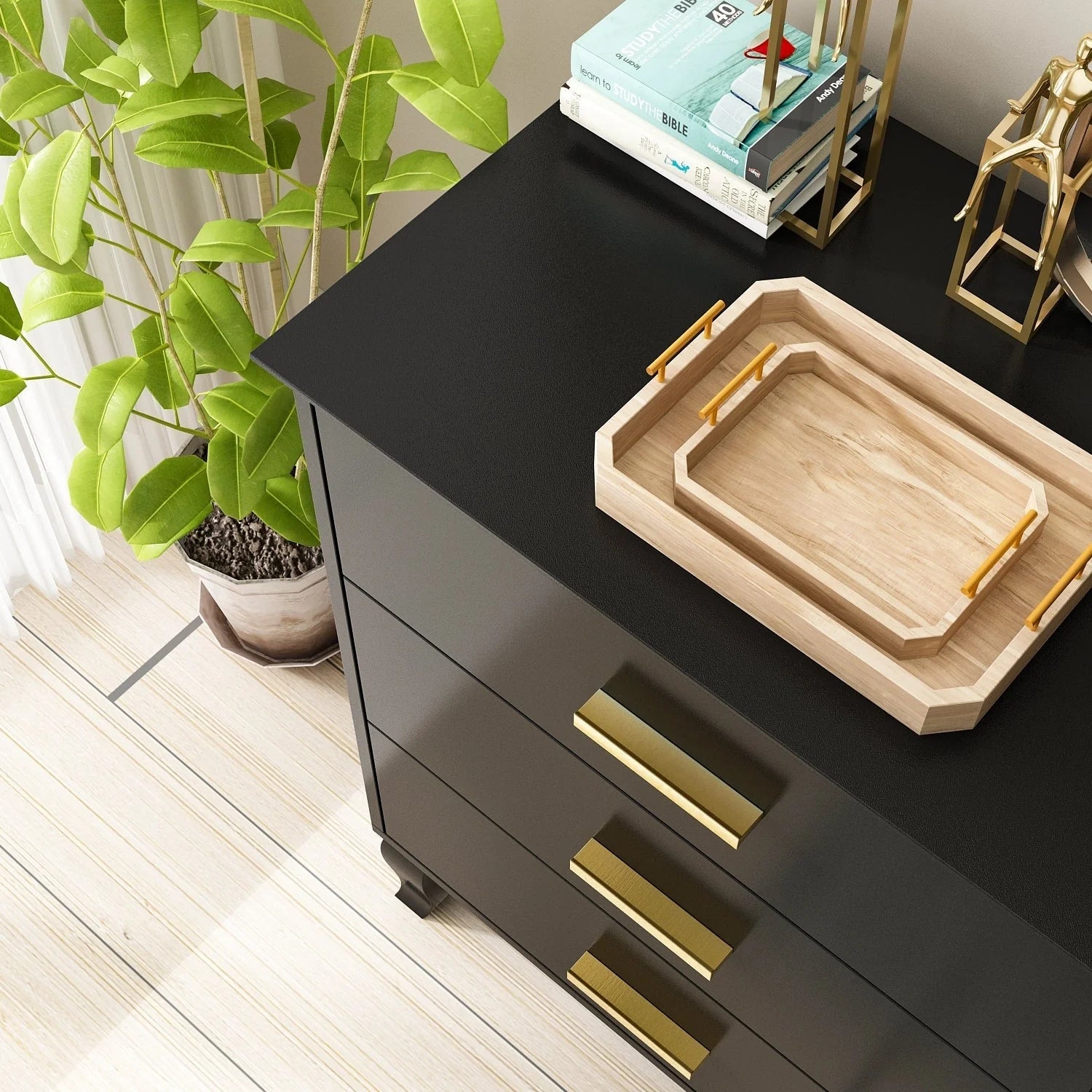 Commode double Timechee à 6 tiroirs, 120 cm de large, pieds en bois massif, finition laquée