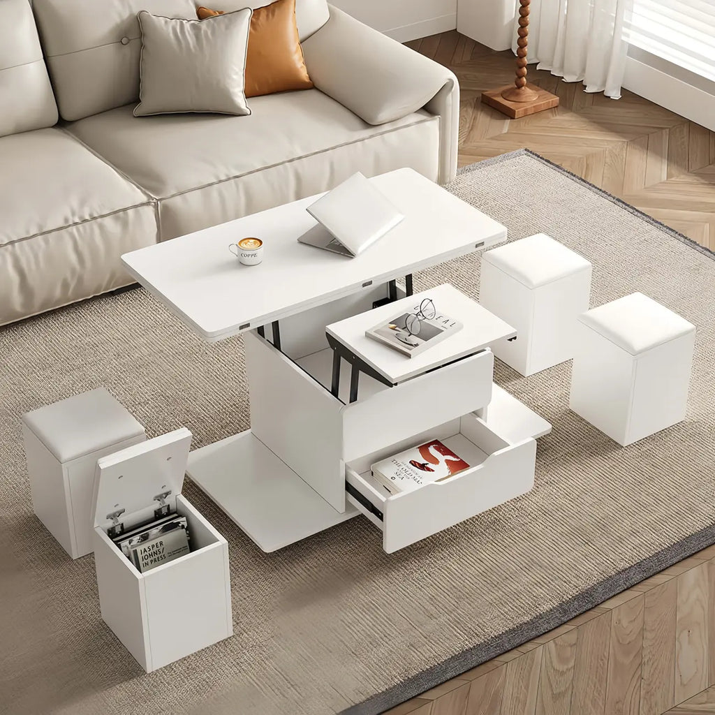 Table basse relevable et pliable avec 4 tabourets et rangement