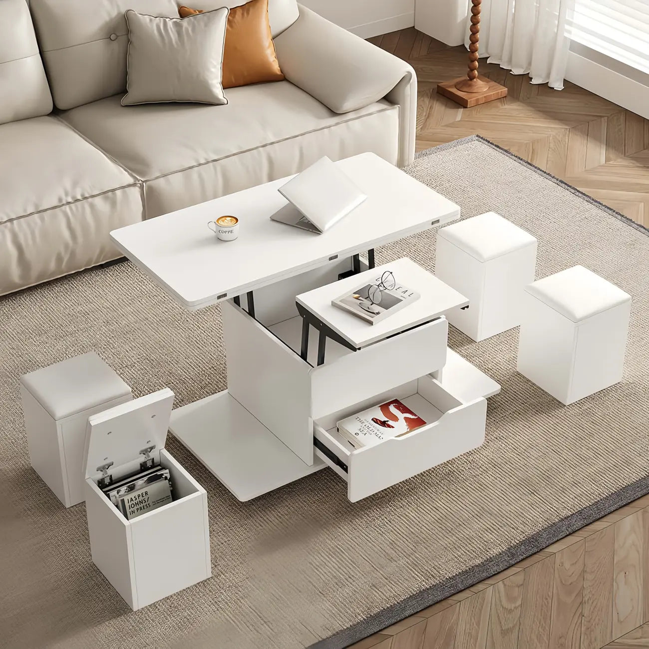 Table basse relevable et pliable avec 4 tabourets et rangement