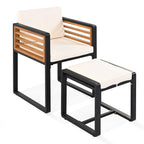 Ensemble de salle à manger de patio en bois d'acacia de 18 pièces, 8 chaises coussinées et 8 poufs et 2 tables carrées