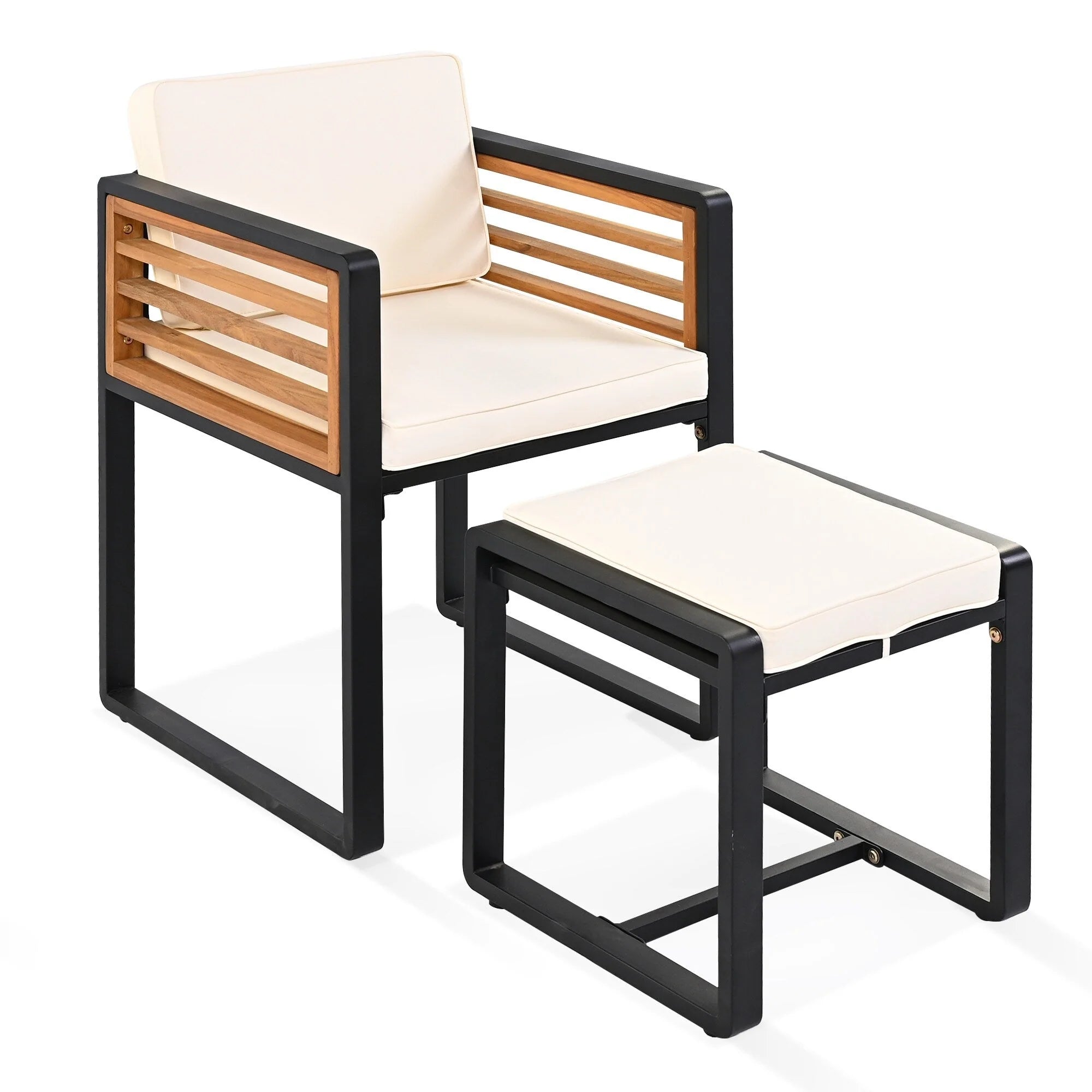 Ensemble de salle à manger de patio en bois d'acacia de 18 pièces, 8 chaises coussinées et 8 poufs et 2 tables carrées