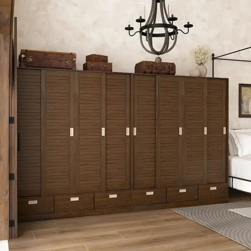 Garde-robe marron avec tiroirs, tringle à vêtements 4 portes coulissantes