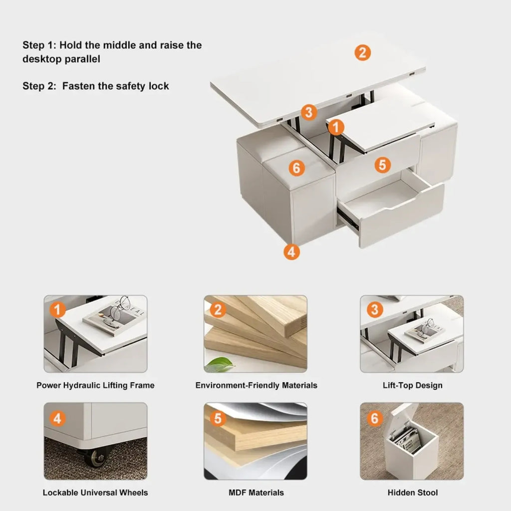 Table basse relevable et pliable avec 4 tabourets et rangement