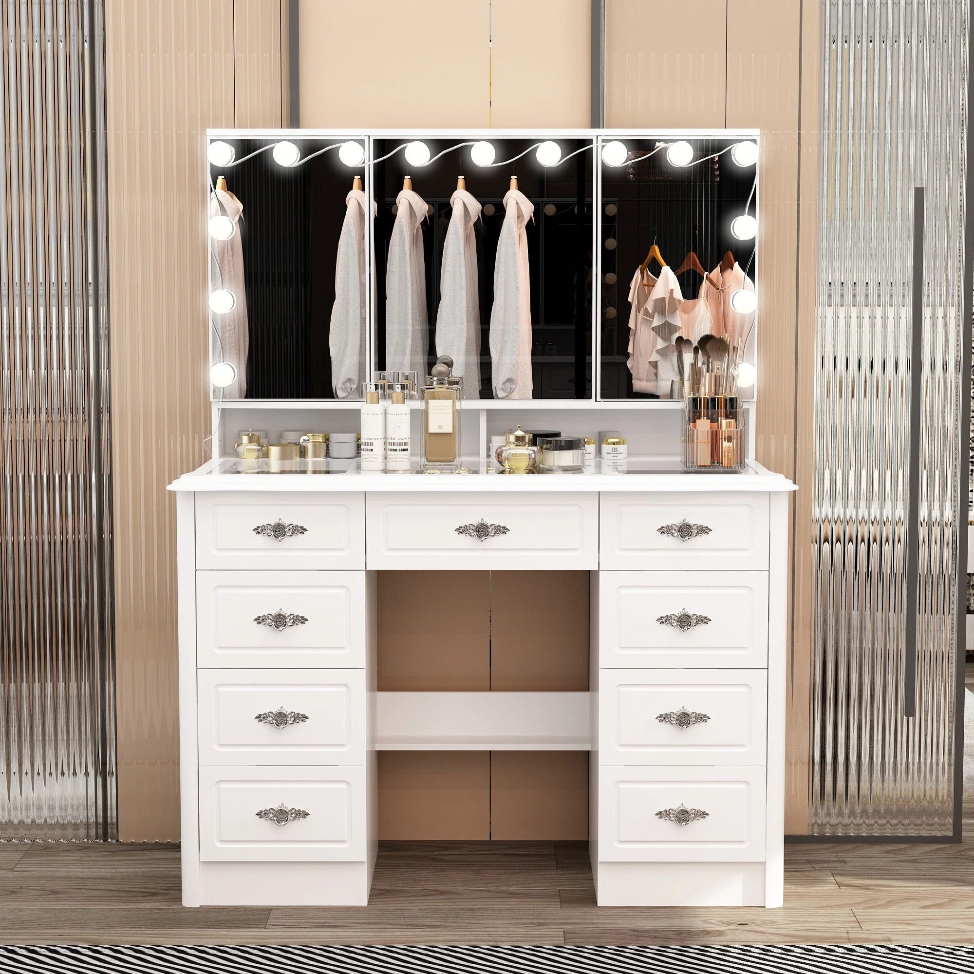 Coiffeuse moderne blanche avec miroir pliable éclairage réglable - 102,1 x 137,4 cm
