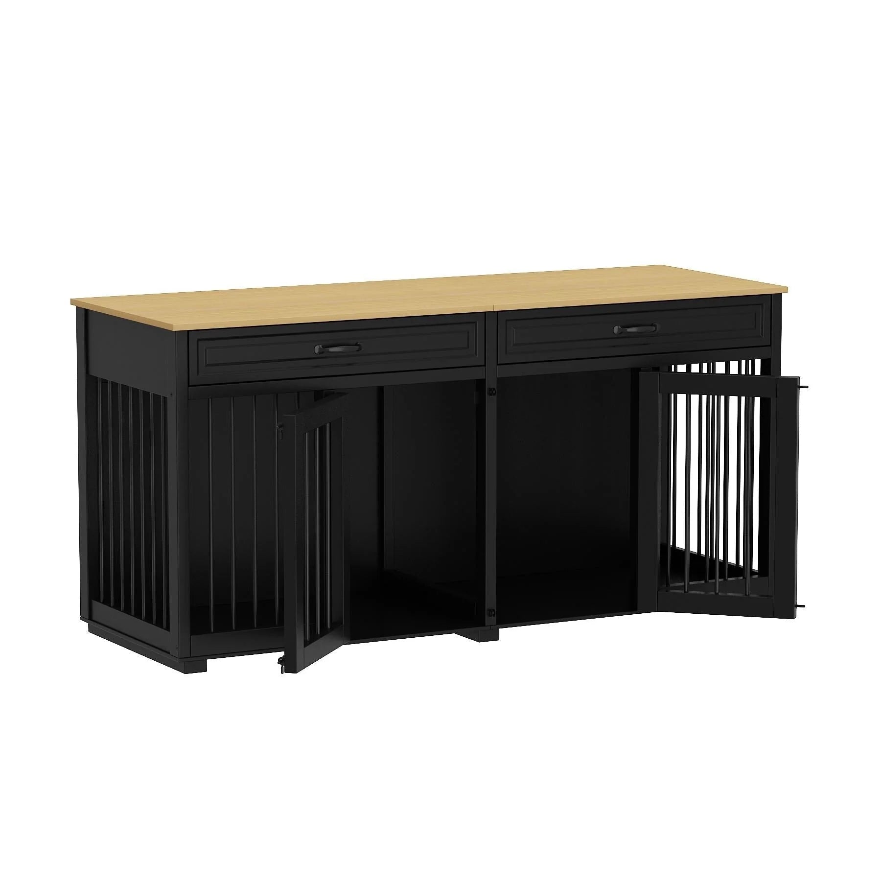 Meuble Niche Double pour Chiens en Bois avec 2 Tiroirs et Séparateur