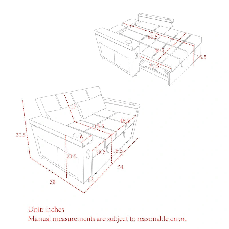 Canapé convertible 54 pouces avec deux places inclinables