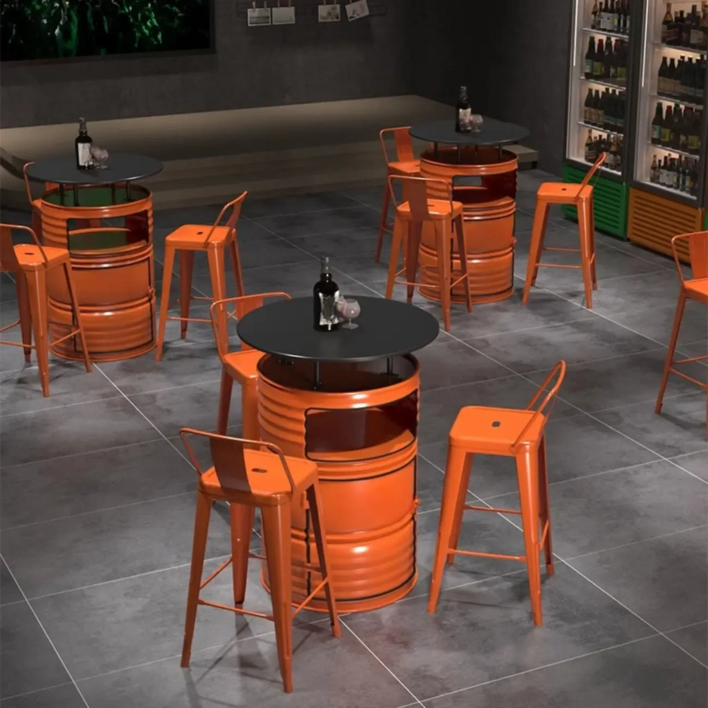 Tables de bar de rangement industrielles en métal noir et orange en forme de fût