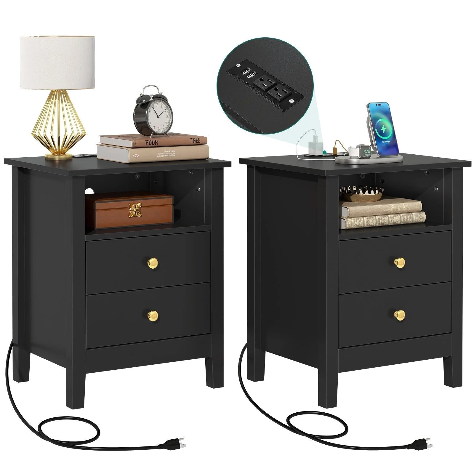 Tables de chevet lot de 2 avec station de recharge table d'appoint avec 2 tiroirs avec ports USB et prises de courant chevet de lit