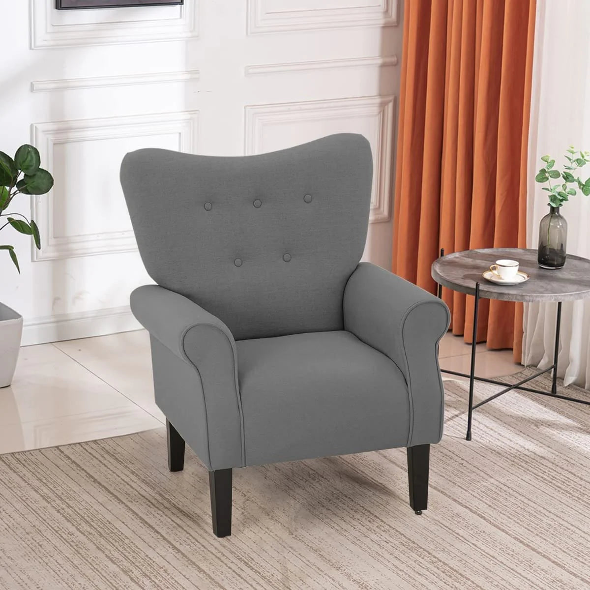 Fauteuil d'appoint moderne Erommy, fauteuil à dossier haut, canapé individuel en tissu capitonné avec pieds en bois pour salon