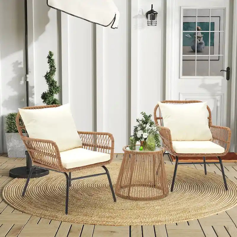 Ensemble de bistro 3 pièces pour terrasse, salon de jardin en rotin d'extérieur avec table en verre et 2 fauteuils larges, coussins d'assise