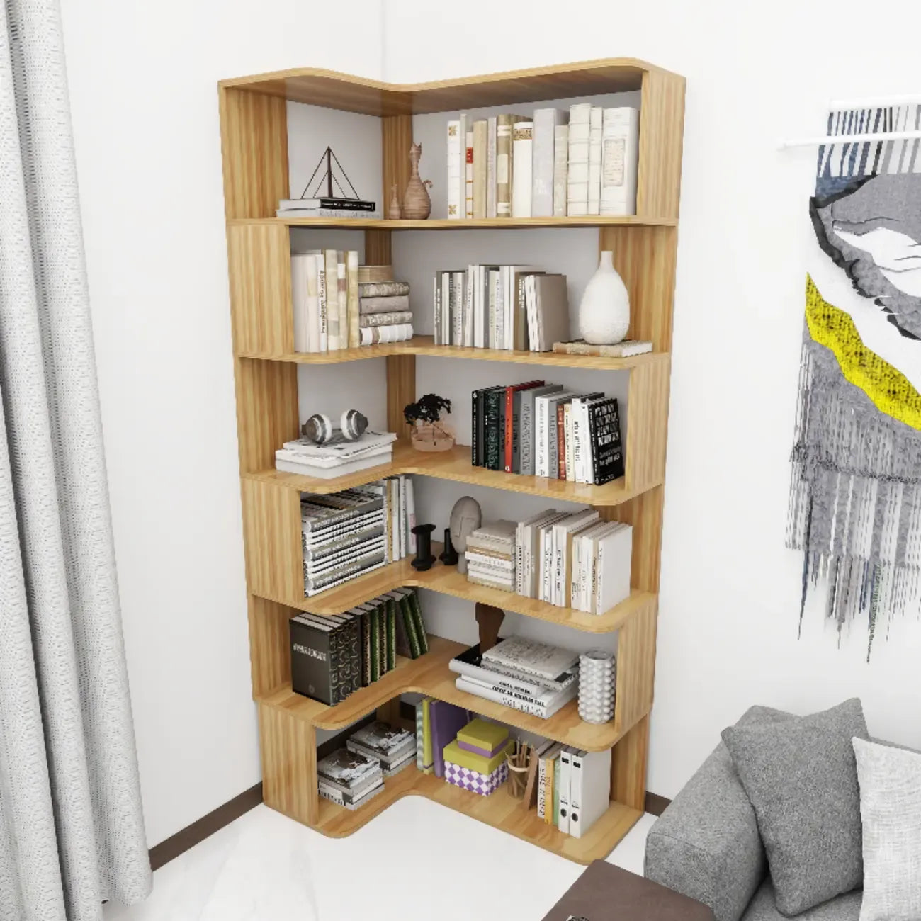 Étagère d'angle en bois manufacturé avec 6 tablettes