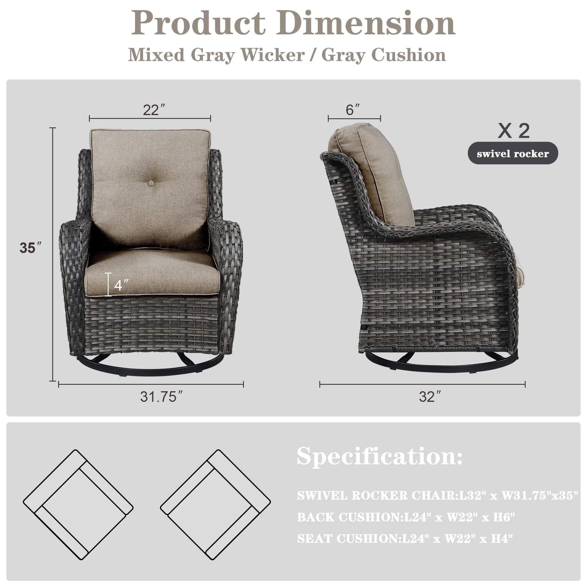 Chaises longues à bascule d'extérieur Gymojoy en osier avec base pivotante (lot de 2)