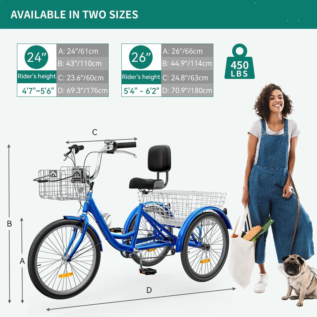 26 Tricycle Adulte 3 Roues 7 Vitesses Vélo Tricycle