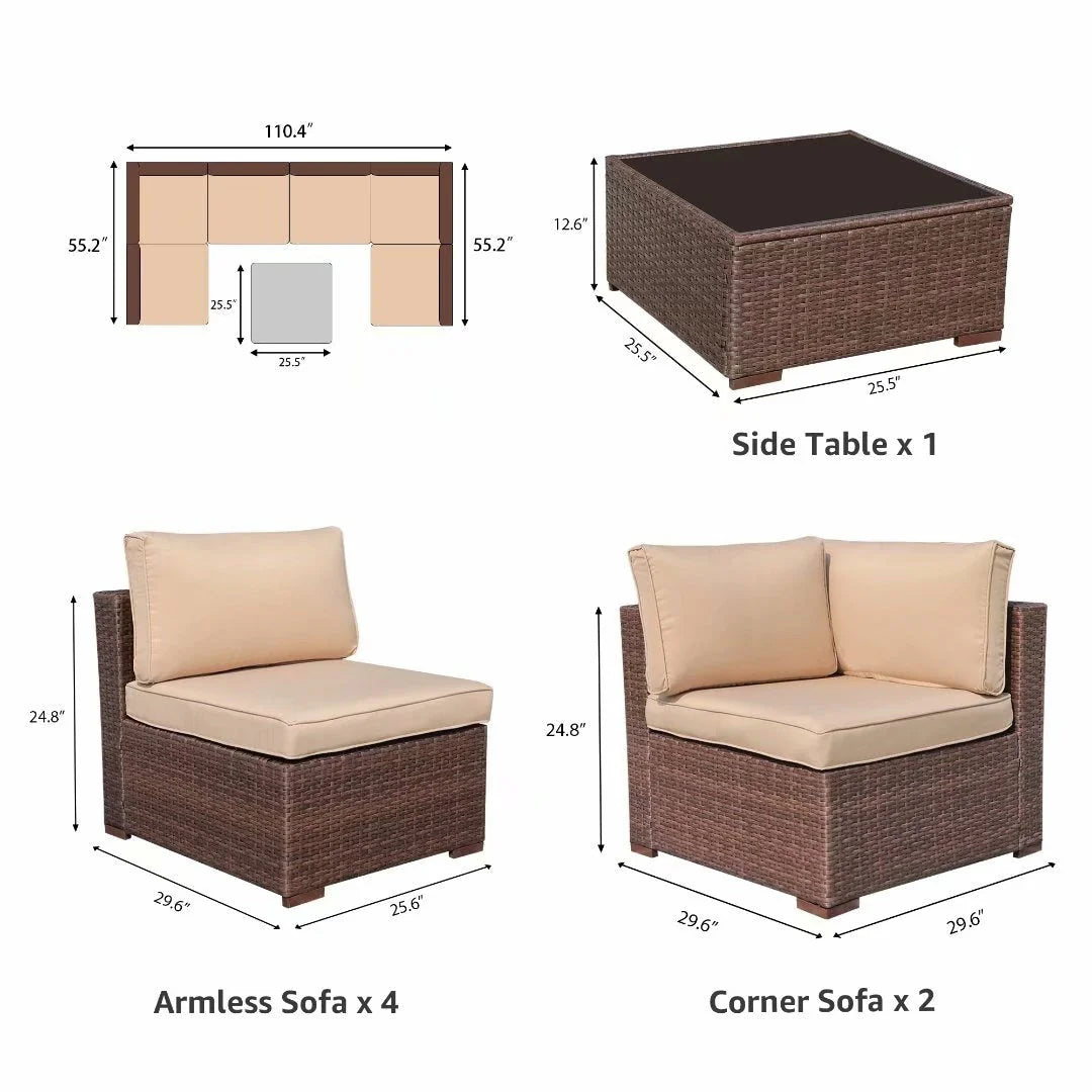 Ensemble de canapé d'angle d'extérieur 7 places en osier/acier avec coussins